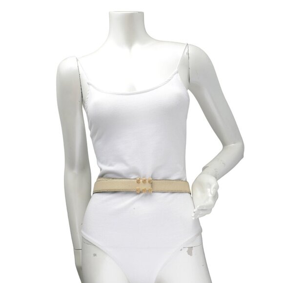 Vintage TILLA Leather Belt Gold Studded Claw Pin Buckle Italy 80s Cream Beige - Picture 3 of 9